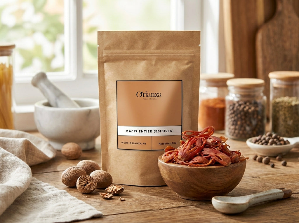 Sachet d'apothicaire en kraft de Macis Entier Orianza Selection, Bsibissa pure ou fleur de muscade pour digestion.