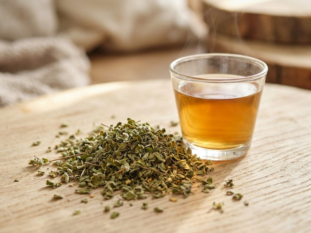 Femme sereine relaxée tenant une tasse chaude de marjolaine d'Orianza pour calmer les spasmes digestifs liés au stress.