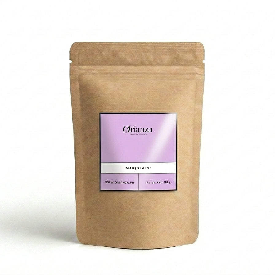 Sachet d'apothicaire en kraft de Marjolaine Séchée Bardakouch Orianza Selection, infusion équilibre hormonal féminin.