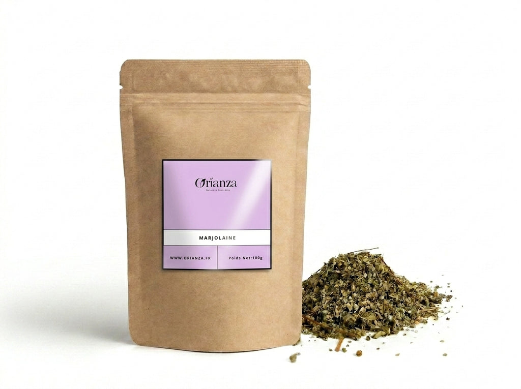 Sachet d'apothicaire en kraft de Marjolaine Séchée Bardakouch Orianza Selection, infusion équilibre hormonal féminin.