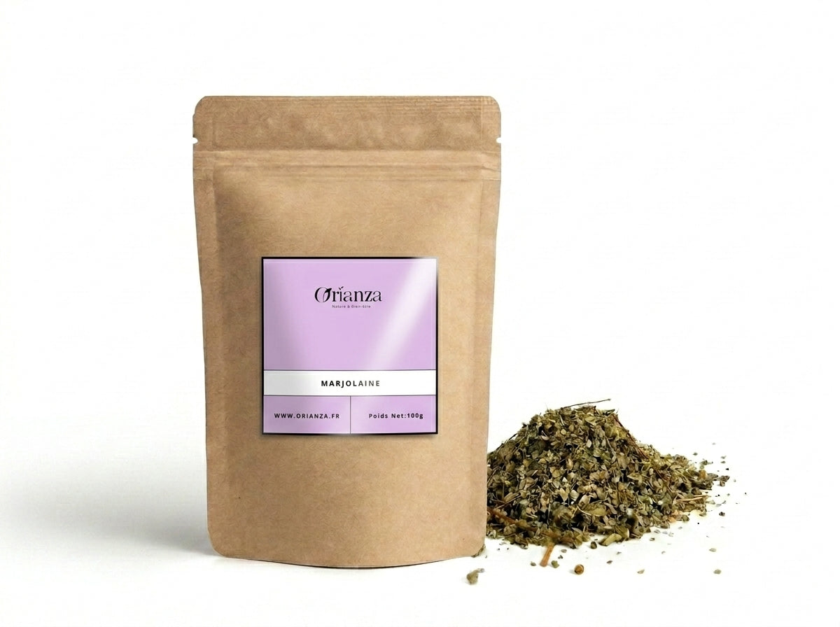 Sachet d'apothicaire en kraft de Marjolaine Séchée Bardakouch Orianza Selection, infusion équilibre hormonal féminin.