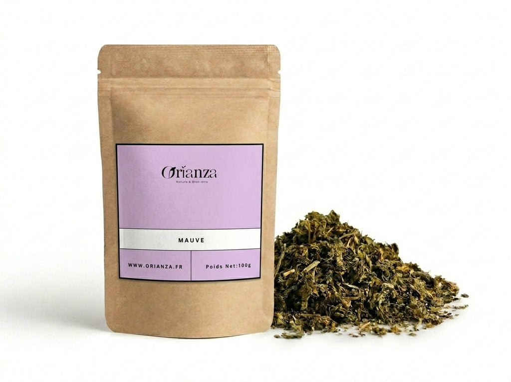 Sachet d'apothicaire en kraft de Fleurs de Mauve Entières Orianza Selection, tisane pure pour le confort de la gorge.