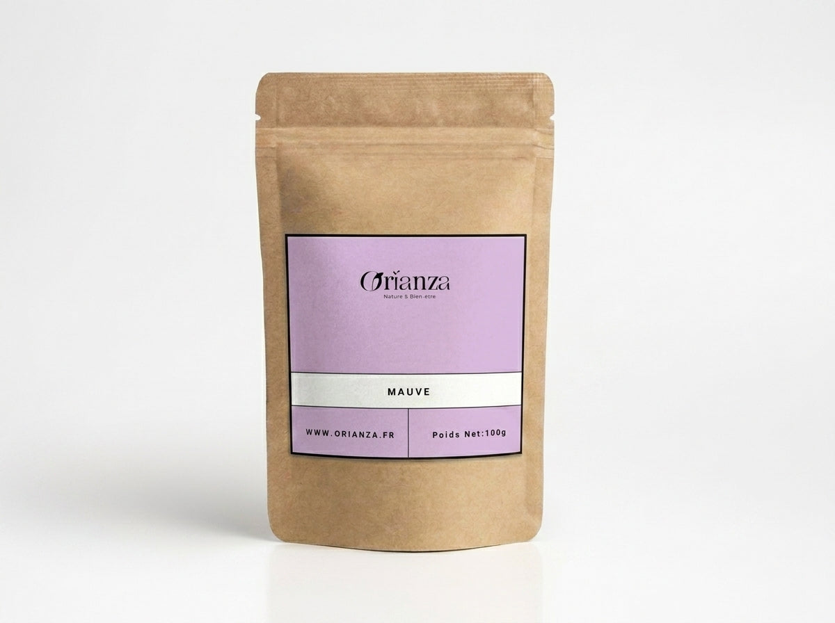 Sachet d'apothicaire en kraft de Fleurs de Mauve Entières Orianza Selection, tisane pure pour le confort de la gorge.
