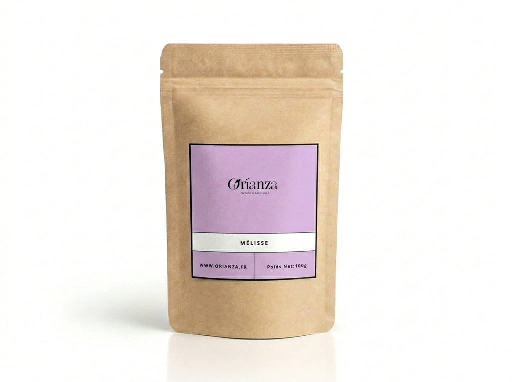 Sachet d'apothicaire en kraft de Mélisse Officinale en Feuilles Orianza Selection, tisane pure stress et digestion.