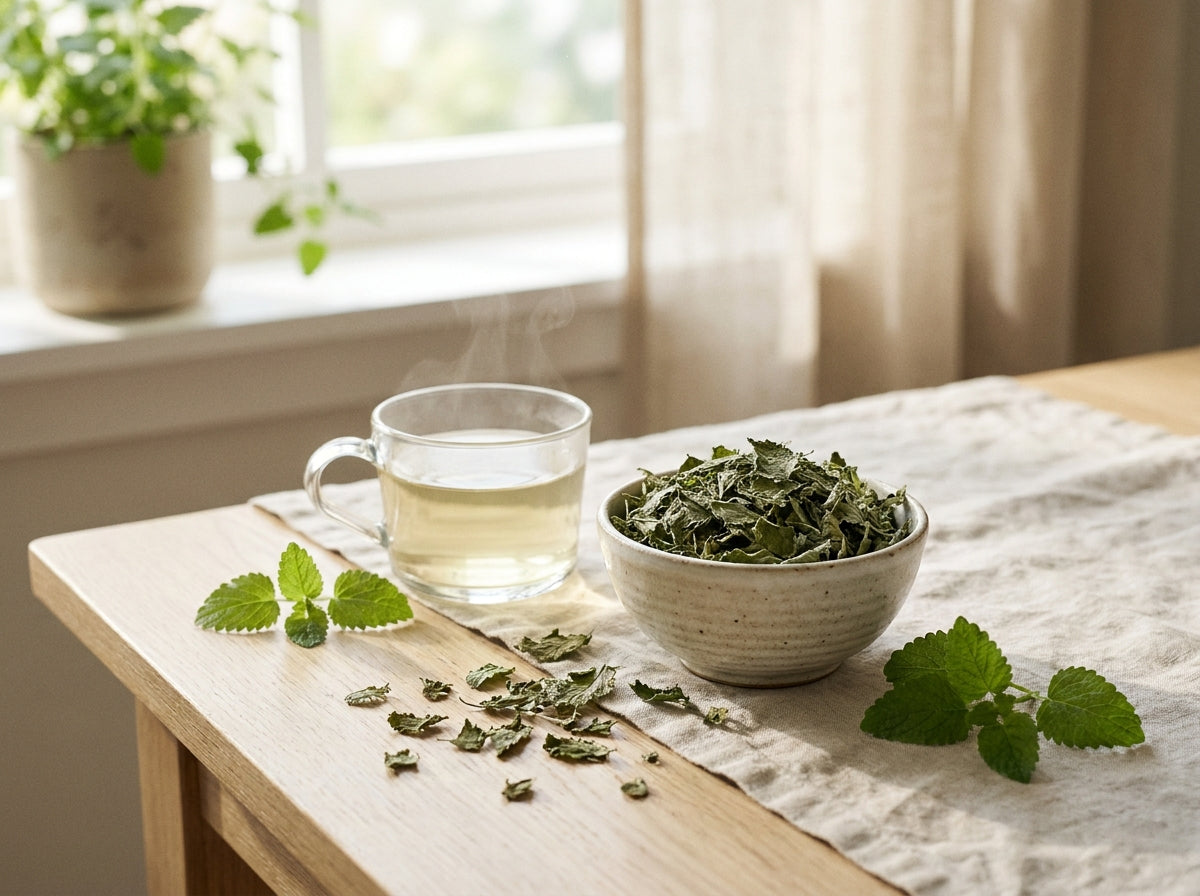 Moment de détente de fin de journée avec une tasse fumante de tisane de mélisse d'Orianza pour le sommeil.