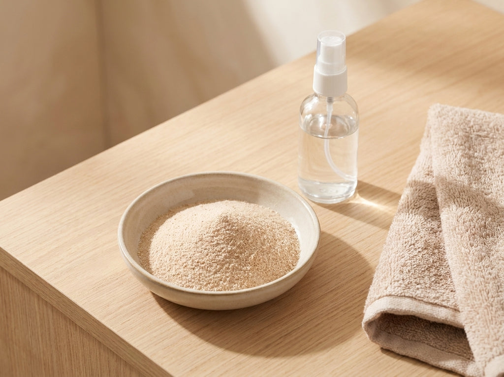 Rituel de purification avec le sachet de Sel de Roche Orianza présenté à côté d'une  (pulvérisateur) pour brume saline.