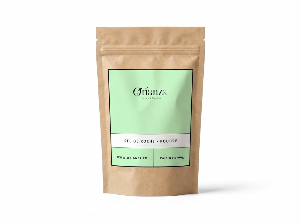 Sachet kraft de Sel de Roche (Melh El Haya) de la marque Orianza, emballage hermétique protégeant la force minérale naturelle.