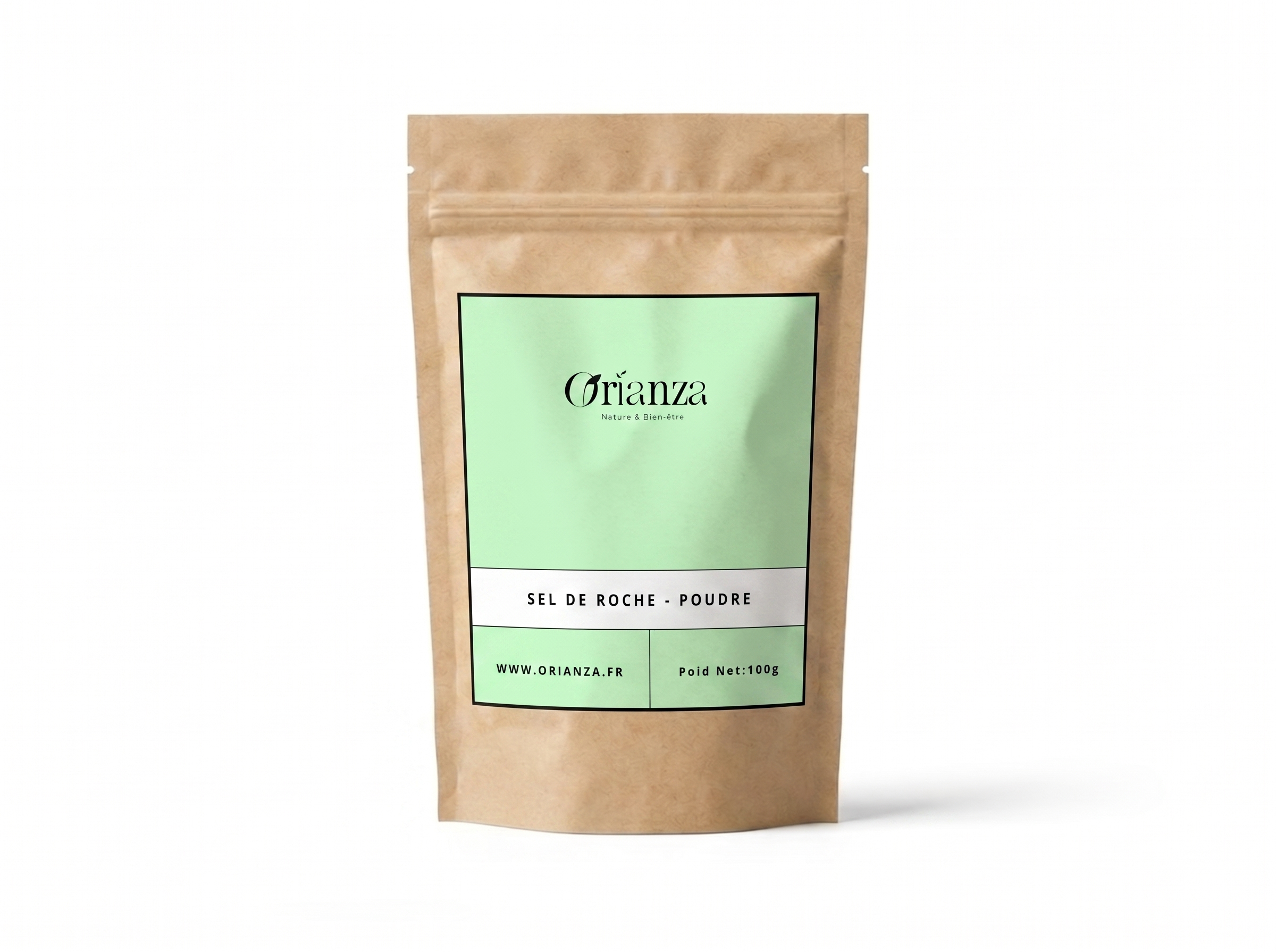 Sachet kraft de Sel de Roche (Melh El Haya) de la marque Orianza, emballage hermétique protégeant la force minérale naturelle.