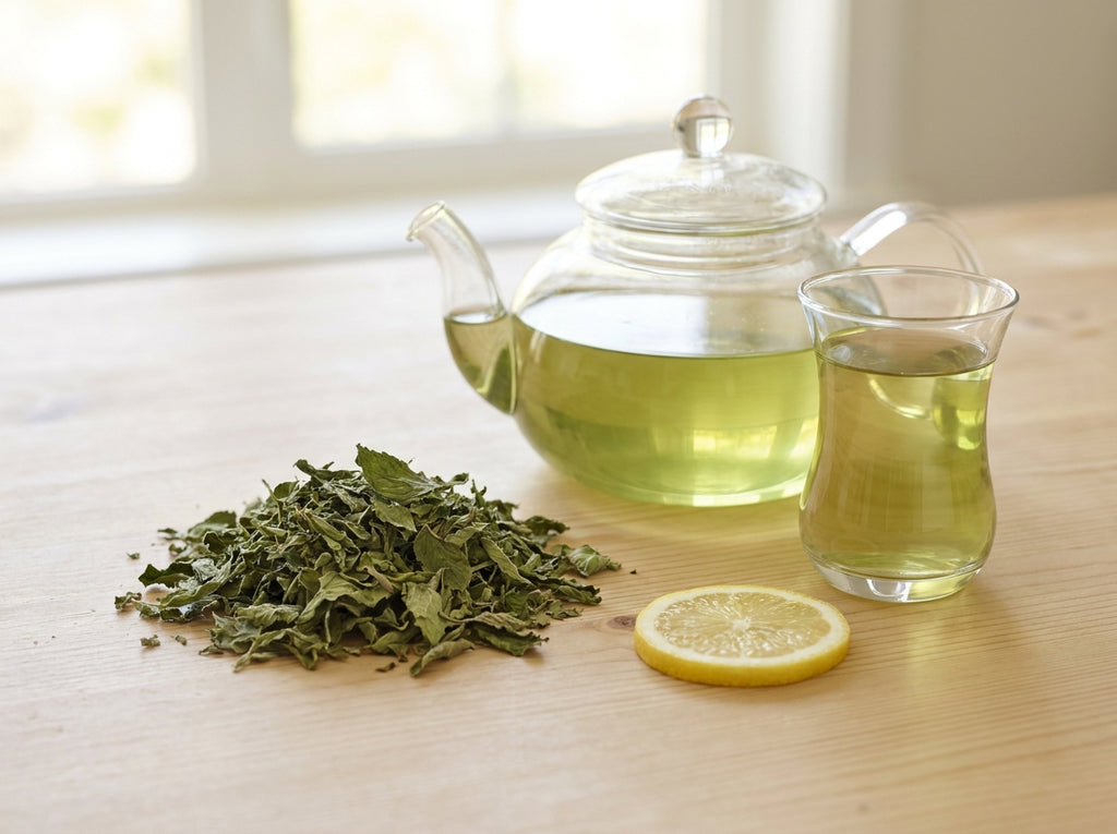 Théière traditionnelle en verre libérant un thé vert fumant parfumé au Fliou d'Orianza pour une digestion facile.