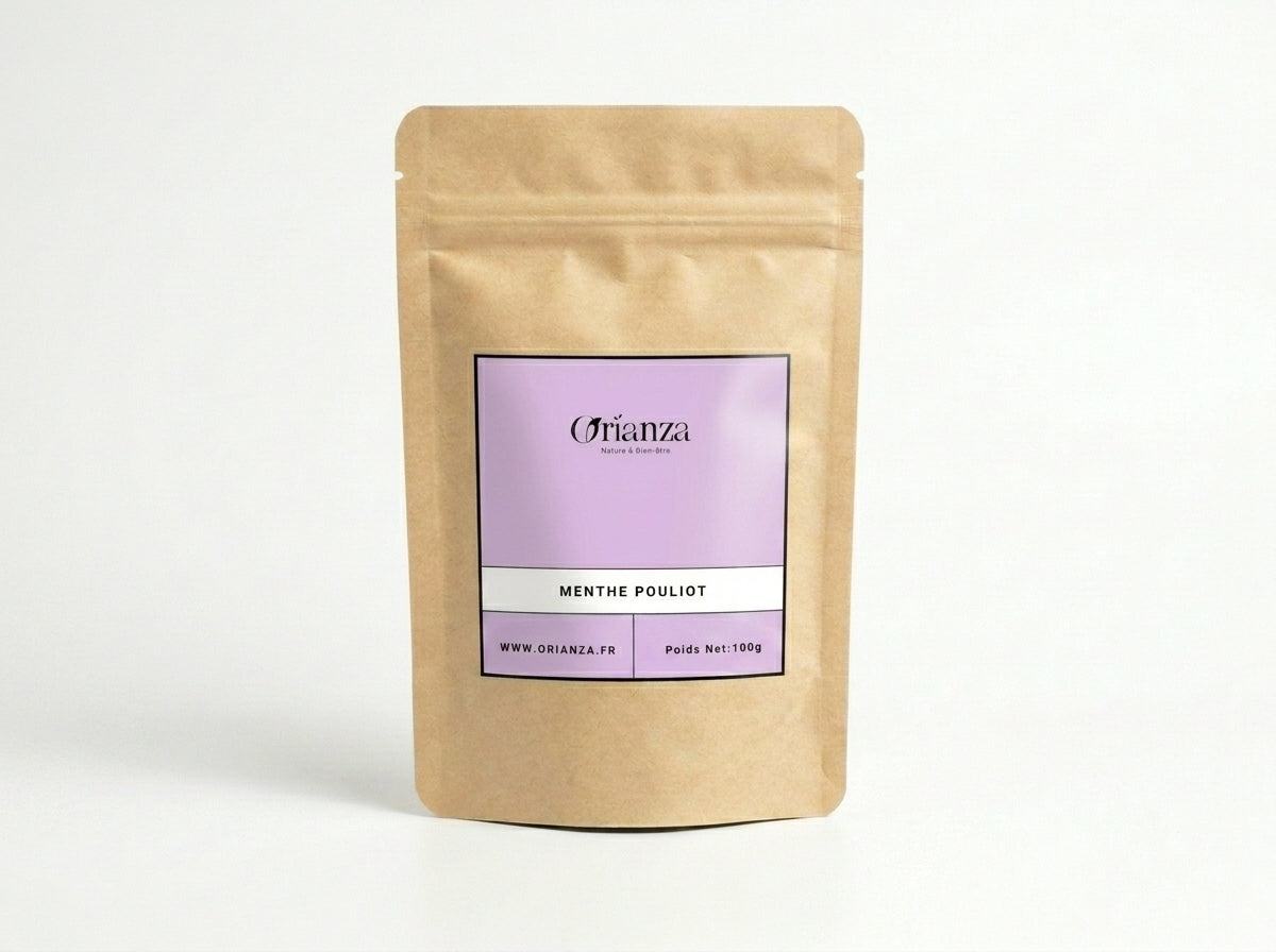 Sachet d'apothicaire en kraft de Menthe Pouliot Séchée Orianza Selection, Fliou pur pour dégager les voies respiratoires.
