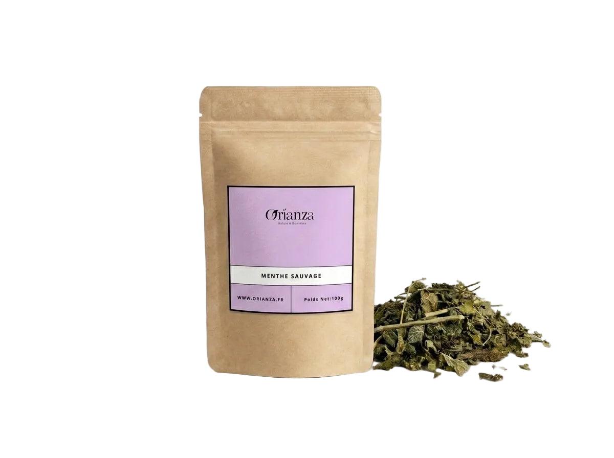 Sachet d'apothicaire en kraft de Menthe Sauvage Mersita Orianza Selection, infusion équilibre féminin et cycles douloureux.