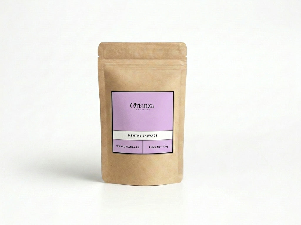 Sachet d'apothicaire en kraft de Menthe Sauvage Mersita Orianza Selection, infusion équilibre féminin et cycles douloureux.