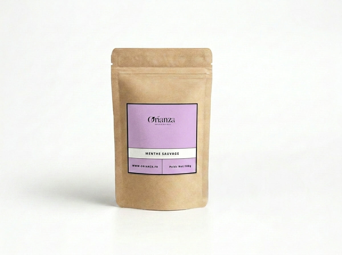 Sachet d'apothicaire en kraft de Menthe Sauvage Mersita Orianza Selection, infusion équilibre féminin et cycles douloureux.