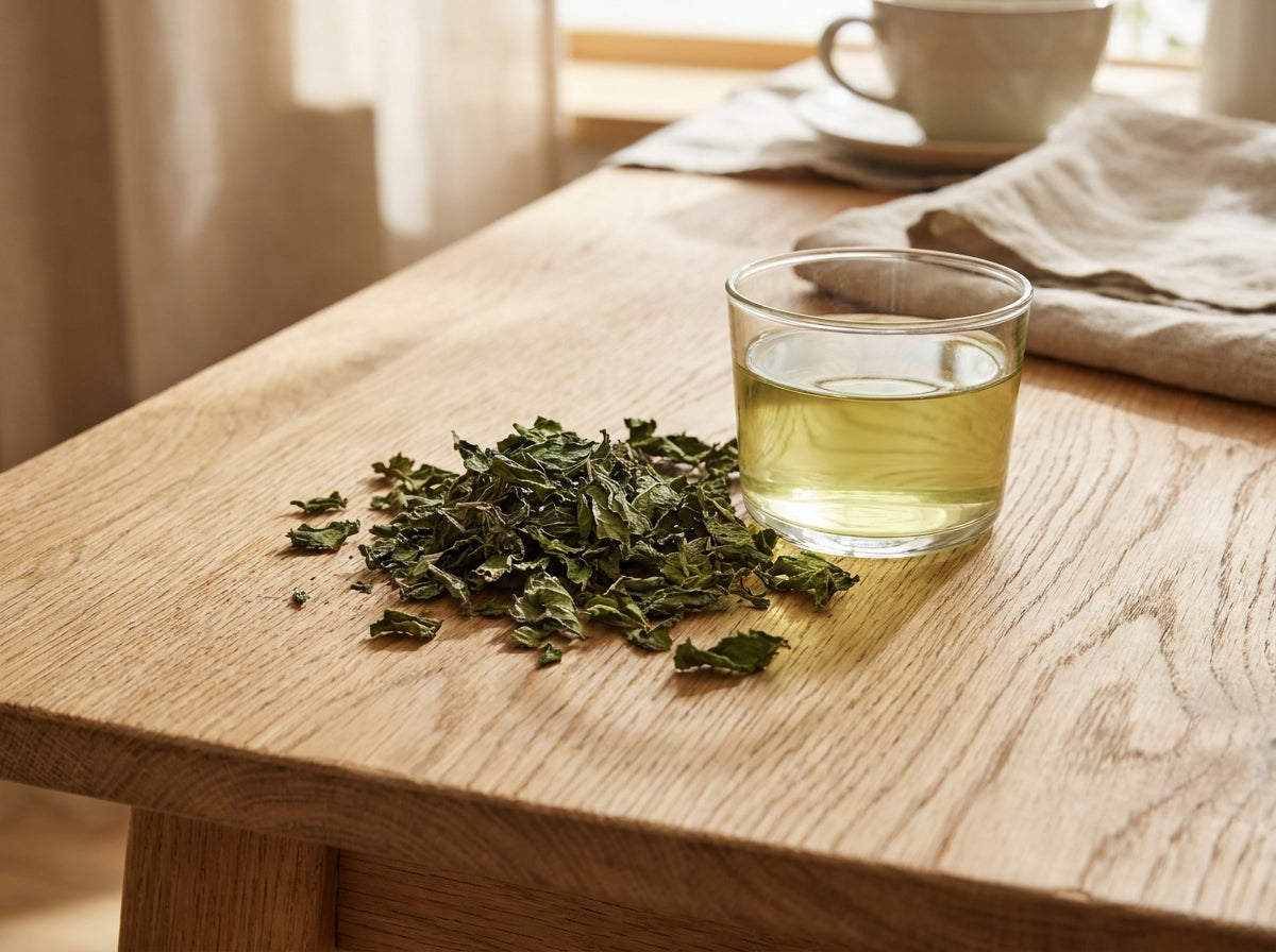 Tasse de thé traditionnel fumant infusé à la menthe sauvage Mersita d'Orianza pour une digestion tonique.