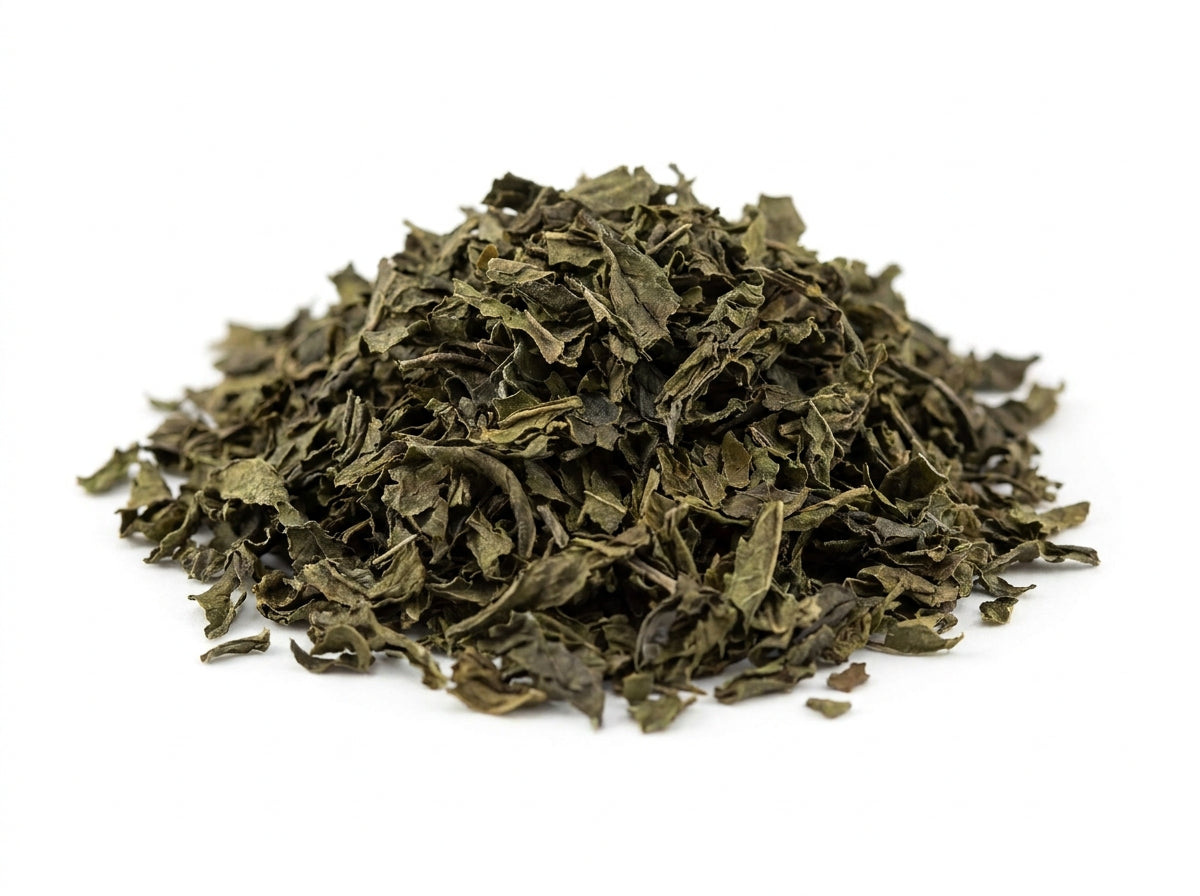 Gros plan herboriste sur les feuilles entières séchées de menthe poivrée de qualité supérieure, riches en huiles essentielles.