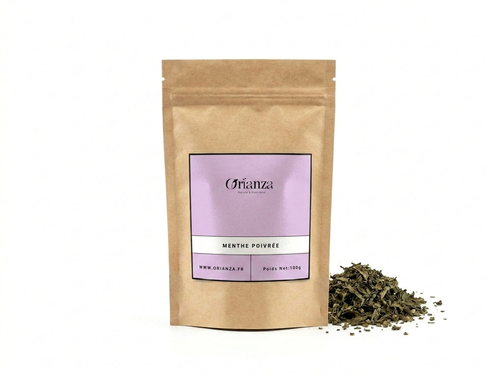 Sachet d'apothicaire en kraft de Menthe Poivrée Feuilles Entières Orianza Selection, infusion pure fraîcheur pour la digestion.