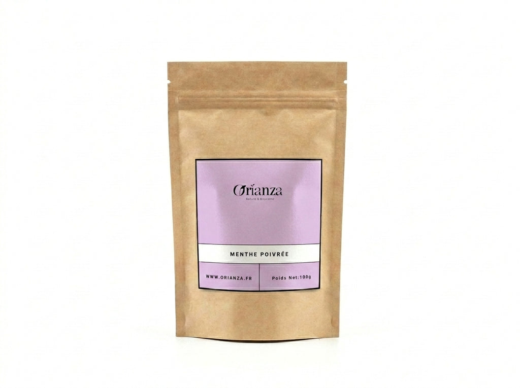 Sachet d'apothicaire en kraft de Menthe Poivrée Feuilles Entières Orianza Selection, infusion pure fraîcheur pour la digestion.