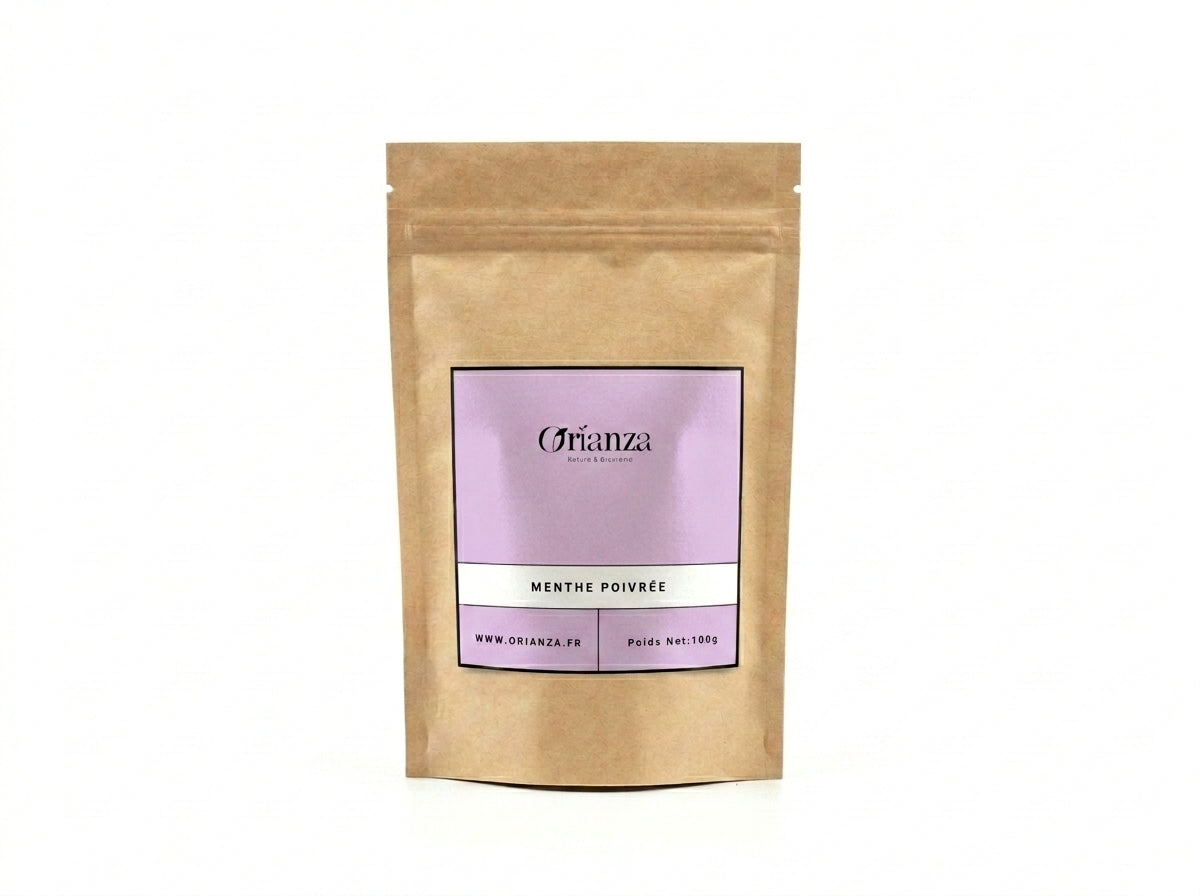 Sachet d'apothicaire en kraft de Menthe Poivrée Feuilles Entières Orianza Selection, infusion pure fraîcheur pour la digestion.
