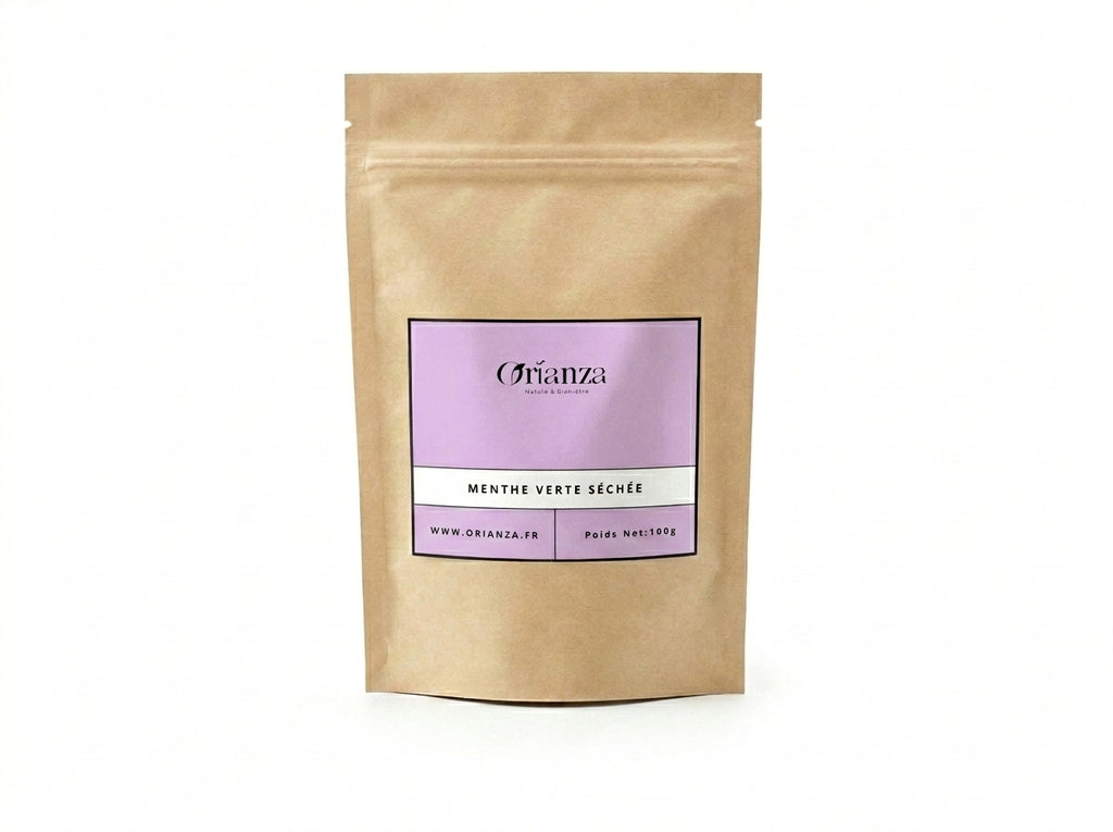 Sachet kraft de Menthe Verte Séchée Orianza Selection, feuilles herboristes pures à la couleur verte préservée.