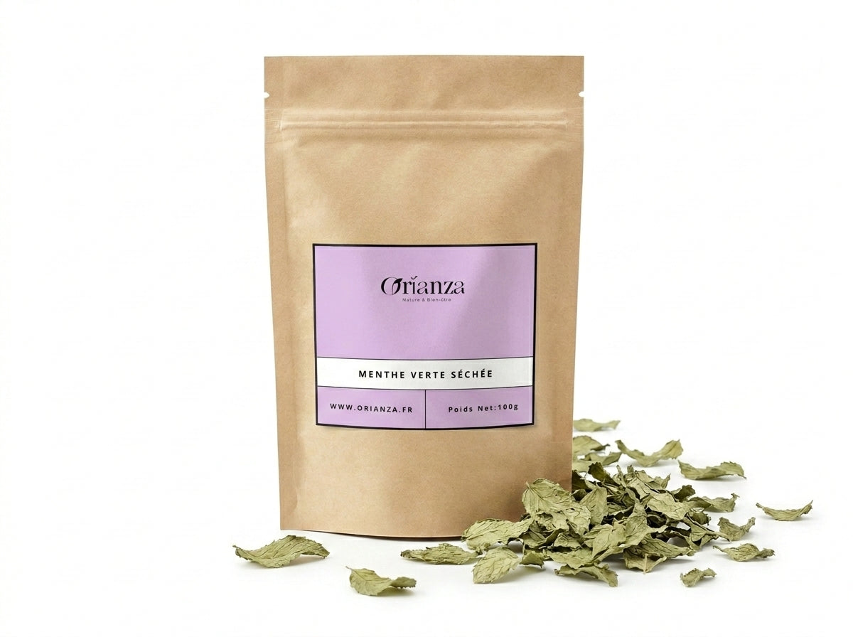 Sachet kraft de Menthe Verte Séchée Orianza Selection, feuilles herboristes pures à la couleur verte préservée.