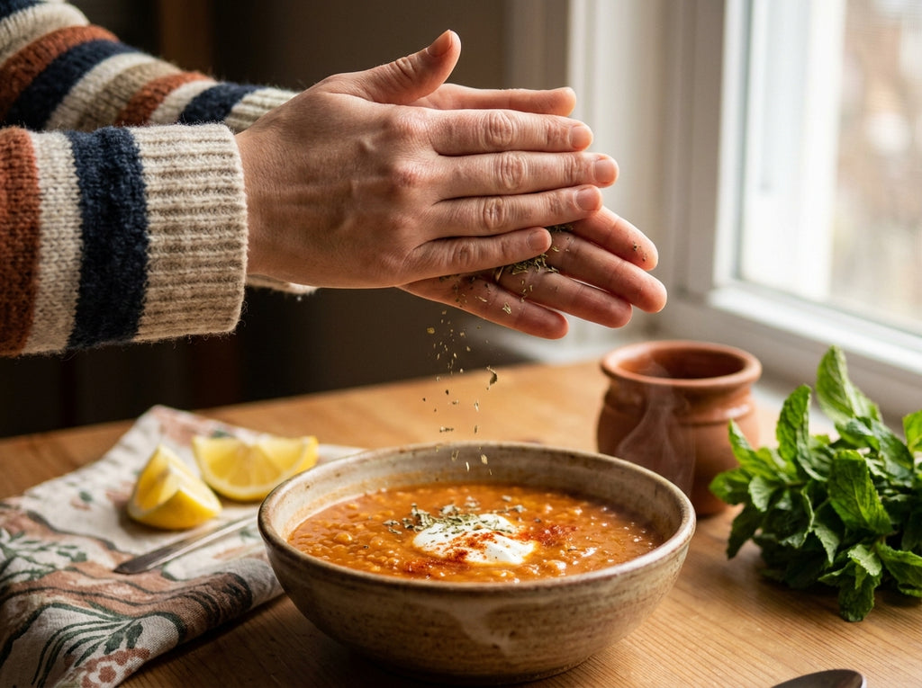 Assiette de soupe chaude parsemée de menthe verte séchée et émiettée Orianza
