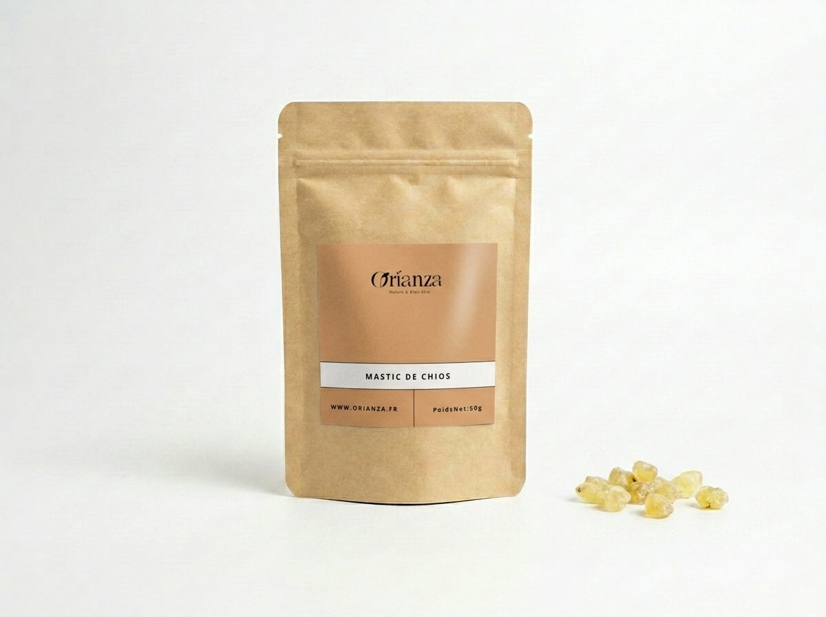 Sachet d'apothicaire en kraft de Mastic de Chios Pur Orianza Selection, Mestika en larmes pour le confort gastrique.