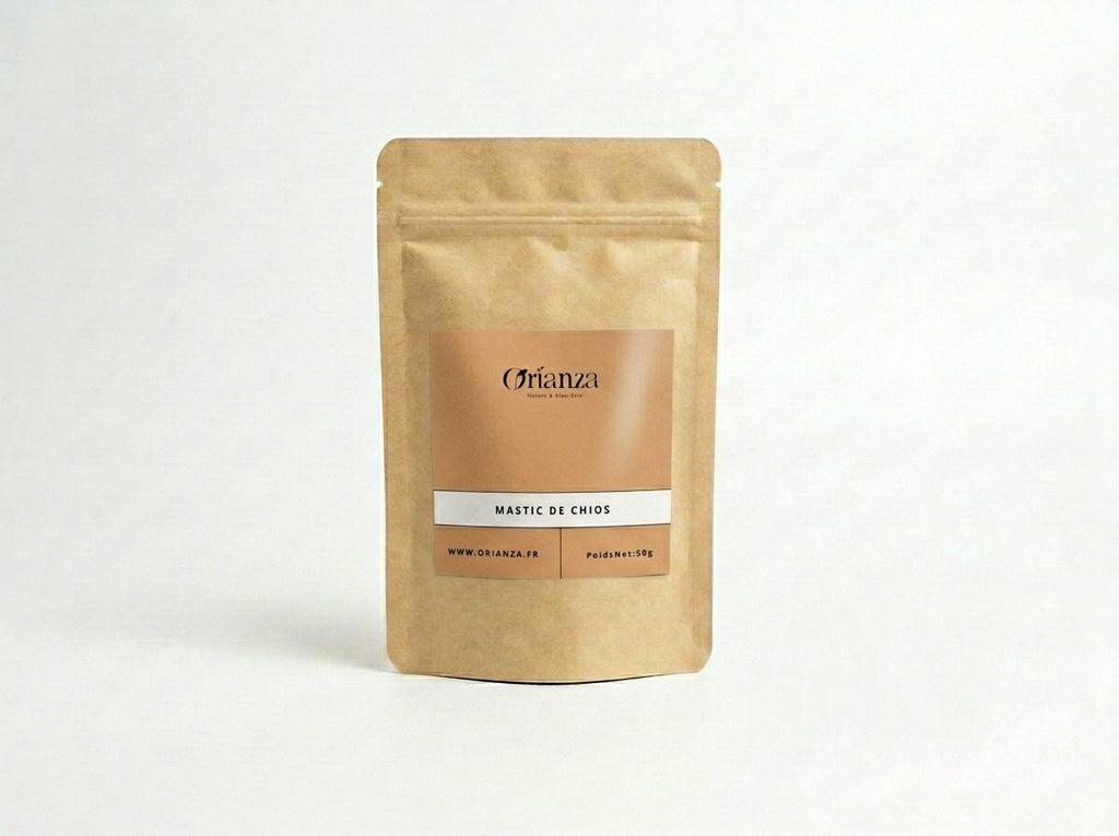 Sachet d'apothicaire en kraft de Mastic de Chios Pur Orianza Selection, Mestika en larmes pour le confort gastrique.