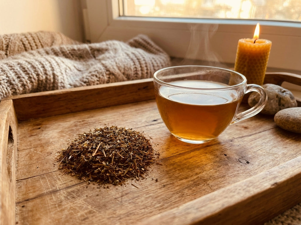 Moment de bien-être mental avec une tasse de tisane d'herbe de la Saint-Jean d'Orianza contre le stress.