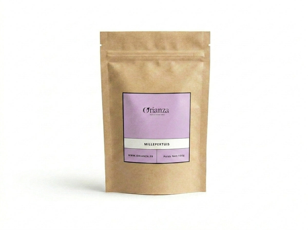 Sachet d'apothicaire en kraft de Millepertuis Sommités Fleuries Orianza Selection, tisane pure équilibre moral.