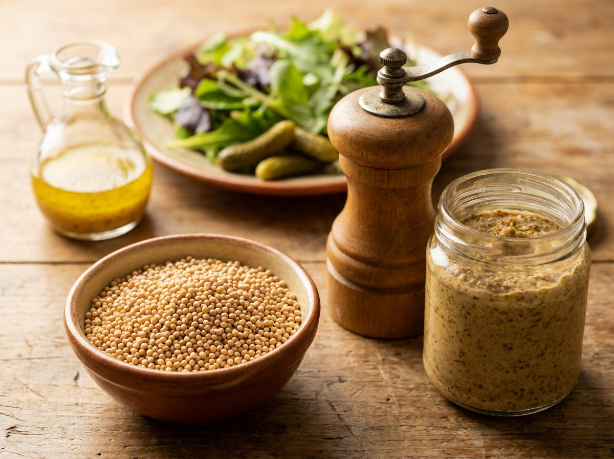 Bocal en verre de cornichons et légumes pickles fermentés, parfumés aux graines de moutarde de qualité supérieure.

