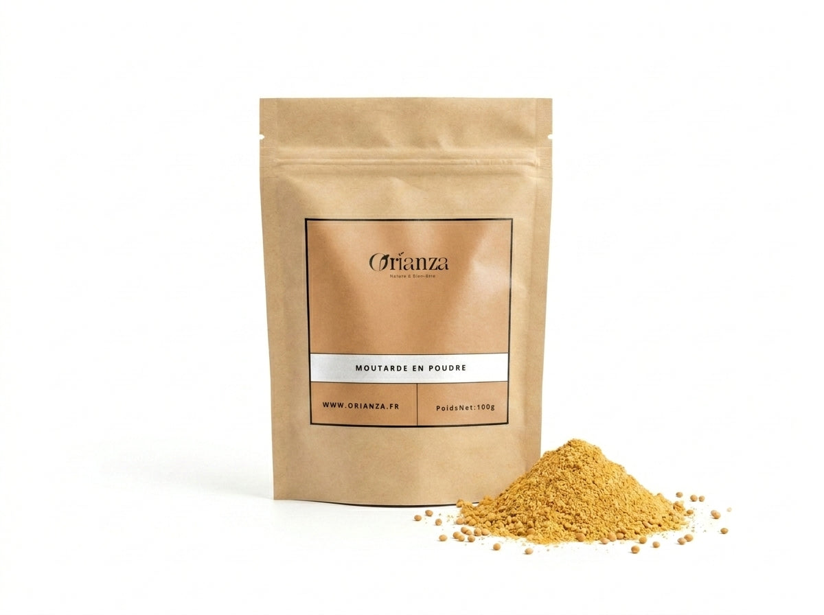 Sachet d'apothicaire en kraft de Moutarde en Poudre Pure Orianza Selection, texture fine jaune pour sauces.