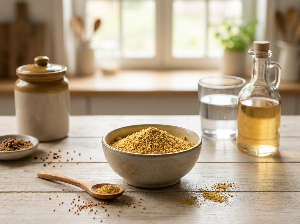 Gros plan herboriste sur la texture fine et fluide de la poudre de moutarde jaune riche en huiles naturelles.