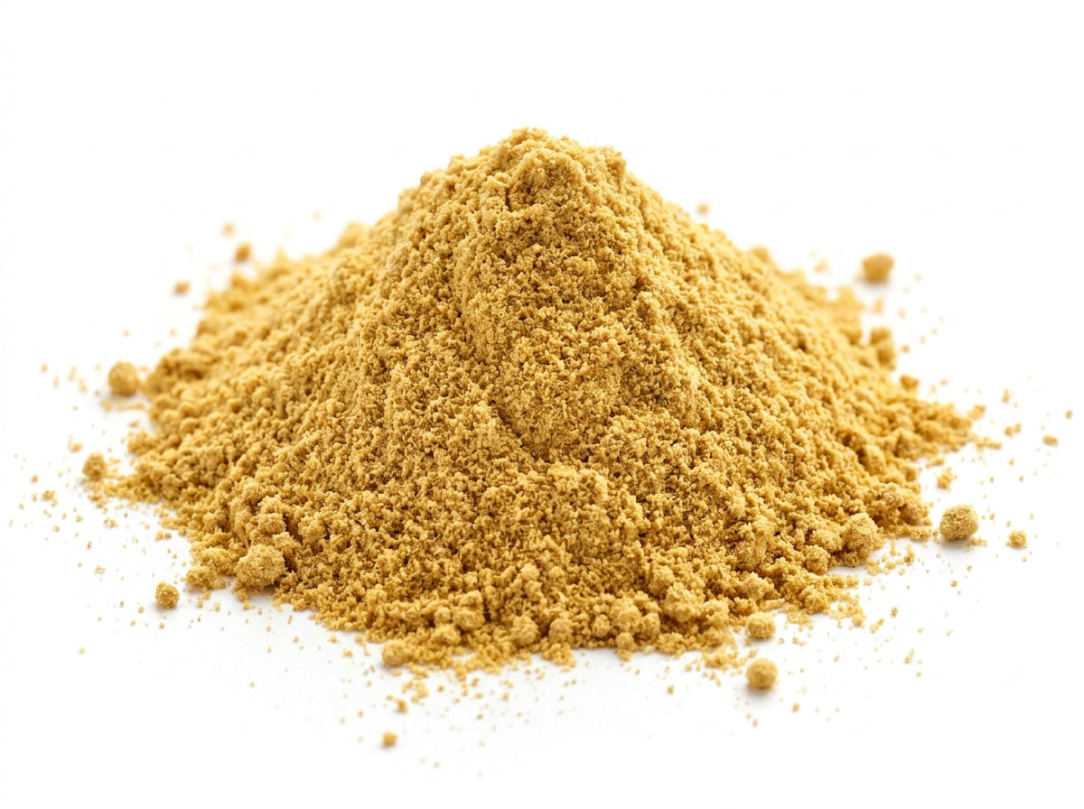 Gros plan herboriste sur la texture fine et fluide de la poudre de moutarde jaune riche en huiles naturelles.