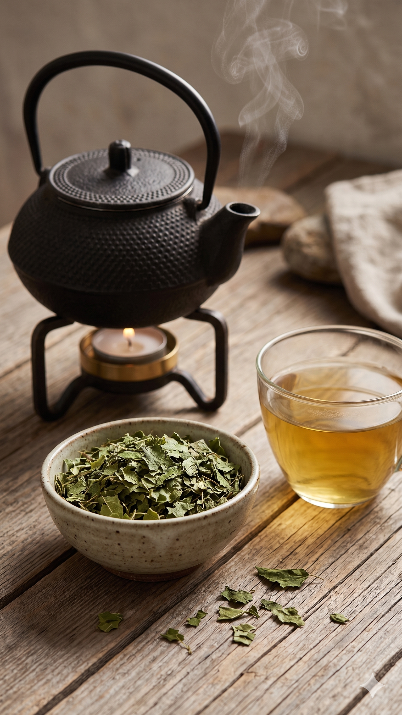 Préparation d'une tisane de mûrier japonais avant le repas, secret de longévité pour le contrôle du sucre.