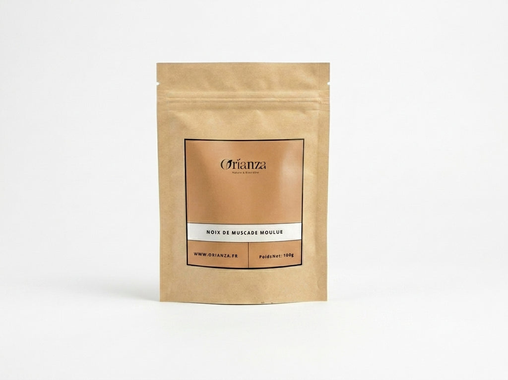 Sachet kraft de Noix de Muscade Moulue Orianza Selection, poudre fine pure de qualité herboristerie supérieure.