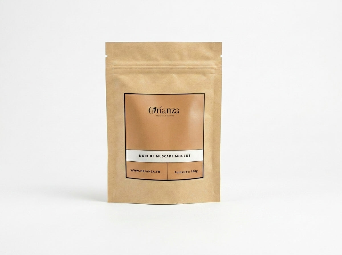 Sachet kraft de Noix de Muscade Moulue Orianza Selection, poudre fine pure de qualité herboristerie supérieure.