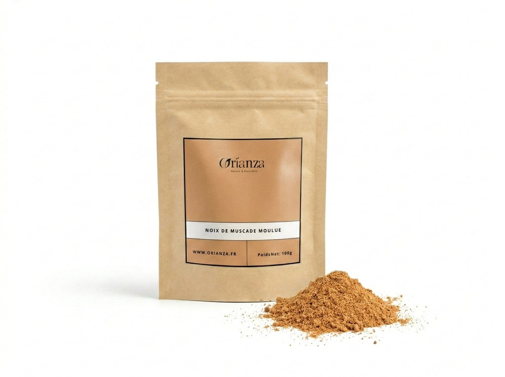 Sachet kraft de Noix de Muscade Moulue Orianza Selection, poudre fine pure de qualité herboristerie supérieure.