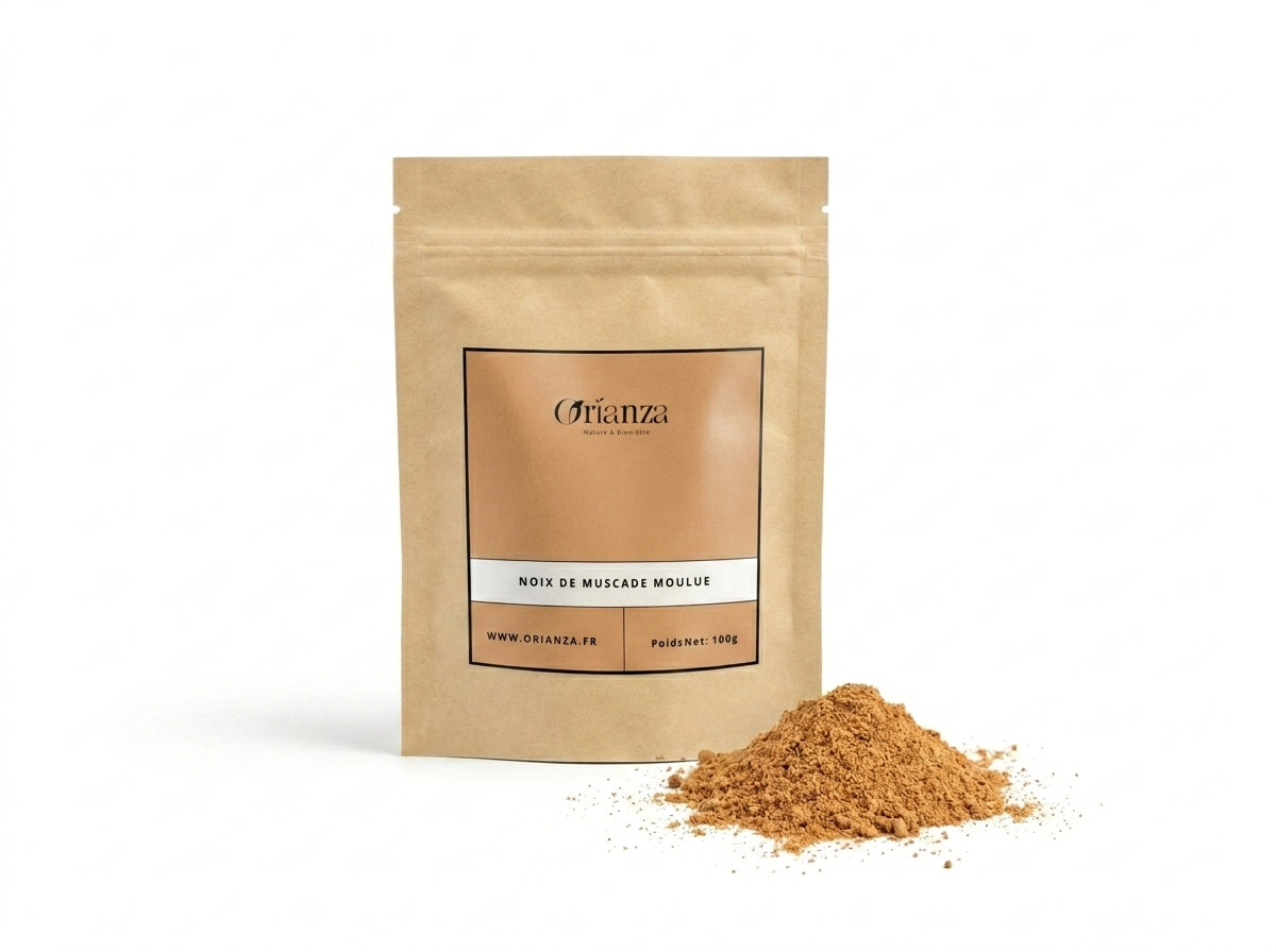 Sachet kraft de Noix de Muscade Moulue Orianza Selection, poudre fine pure de qualité herboristerie supérieure.