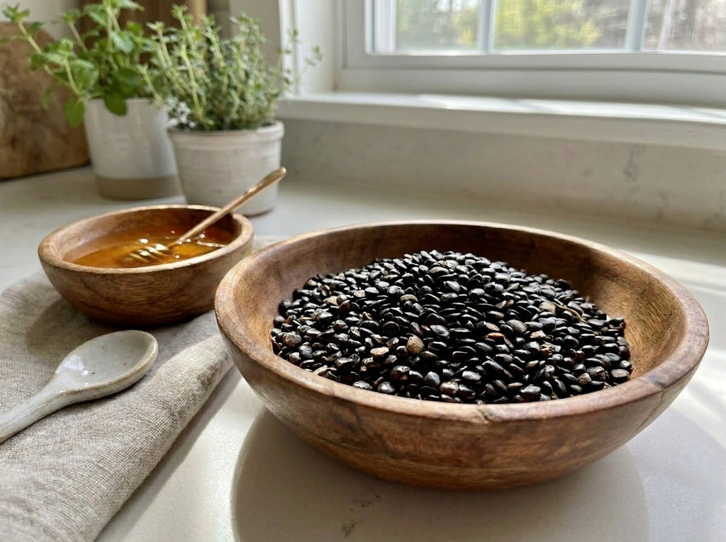Gros plan herboriste sur la couleur noire intense et la pureté des graines de nigelle entières de qualité supérieure.