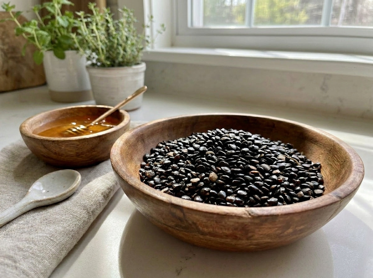 Gros plan herboriste sur la couleur noire intense et la pureté des graines de nigelle entières de qualité supérieure.