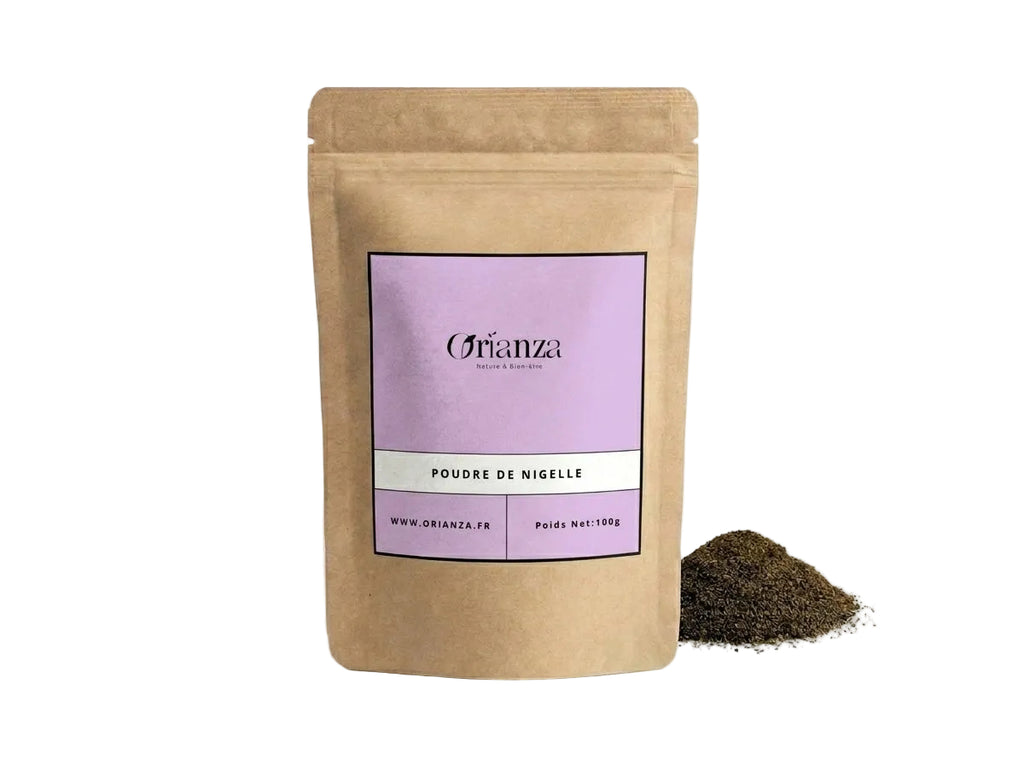 Sachet d'apothicaire en kraft de Poudre de Nigelle Pure Orianza Selection, Habbat Al Baraka moulue pour immunité.