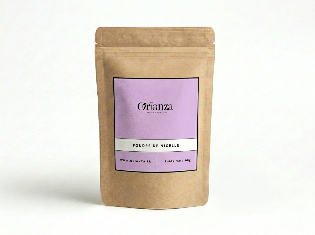 Sachet d'apothicaire en kraft de Poudre de Nigelle Pure Orianza Selection, Habbat Al Baraka moulue pour immunité.