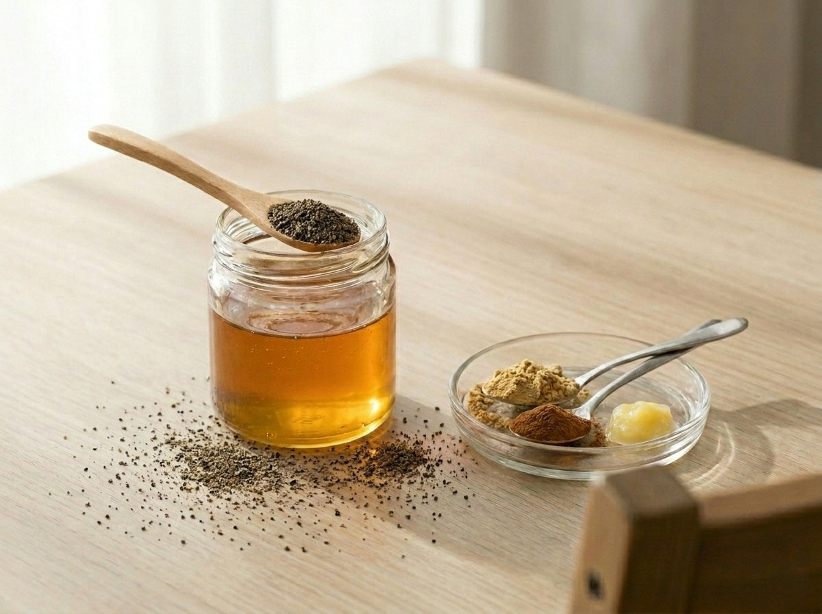 Préparation d'une synergie fortifiante associant miel brut et poudre de nigelle d'Orianza dans un bol en verre .
