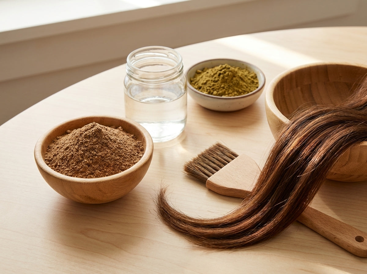 Atelier de coloration végétale avec la poudre de Brou de Noix Orianza mélangée dans l'eau, à côté d'un pinceau de teinture et de belles mèches de cheveux.