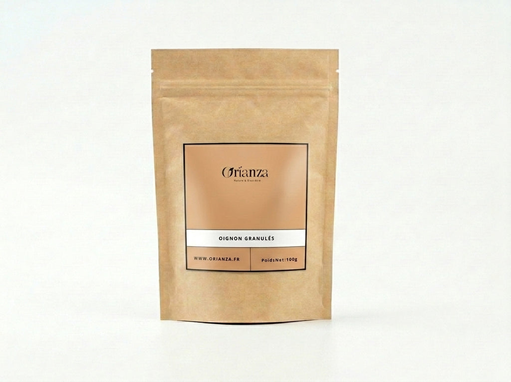 Sachet d'apothicaire en kraft d'Oignon Granulés Orianza Selection, condiment texturé pur pour grillades.
