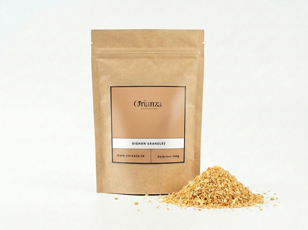 Sachet d'apothicaire en kraft d'Oignon Granulés Orianza Selection, condiment texturé pur pour grillades.