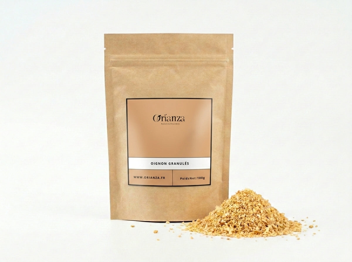 Sachet d'apothicaire en kraft d'Oignon Granulés Orianza Selection, condiment texturé pur pour grillades.