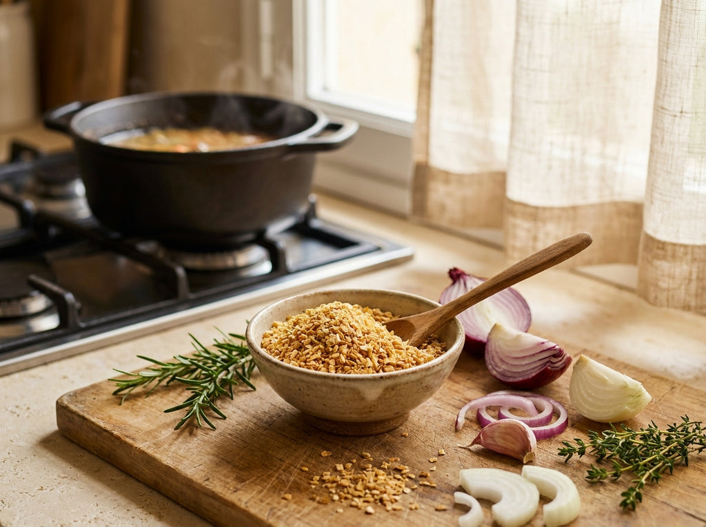 Omelette traditionnelle aux herbes fumante, préparée avec des oignons granulés préalablement réhydratés.
