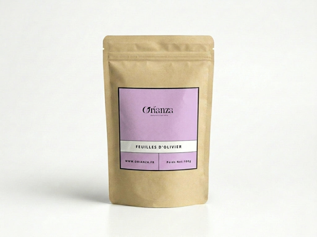 Sachet kraft de Feuilles d'Olivier de la marque Orianza, emballage hermétique préservant la fraîcheur et la qualité de la plante.