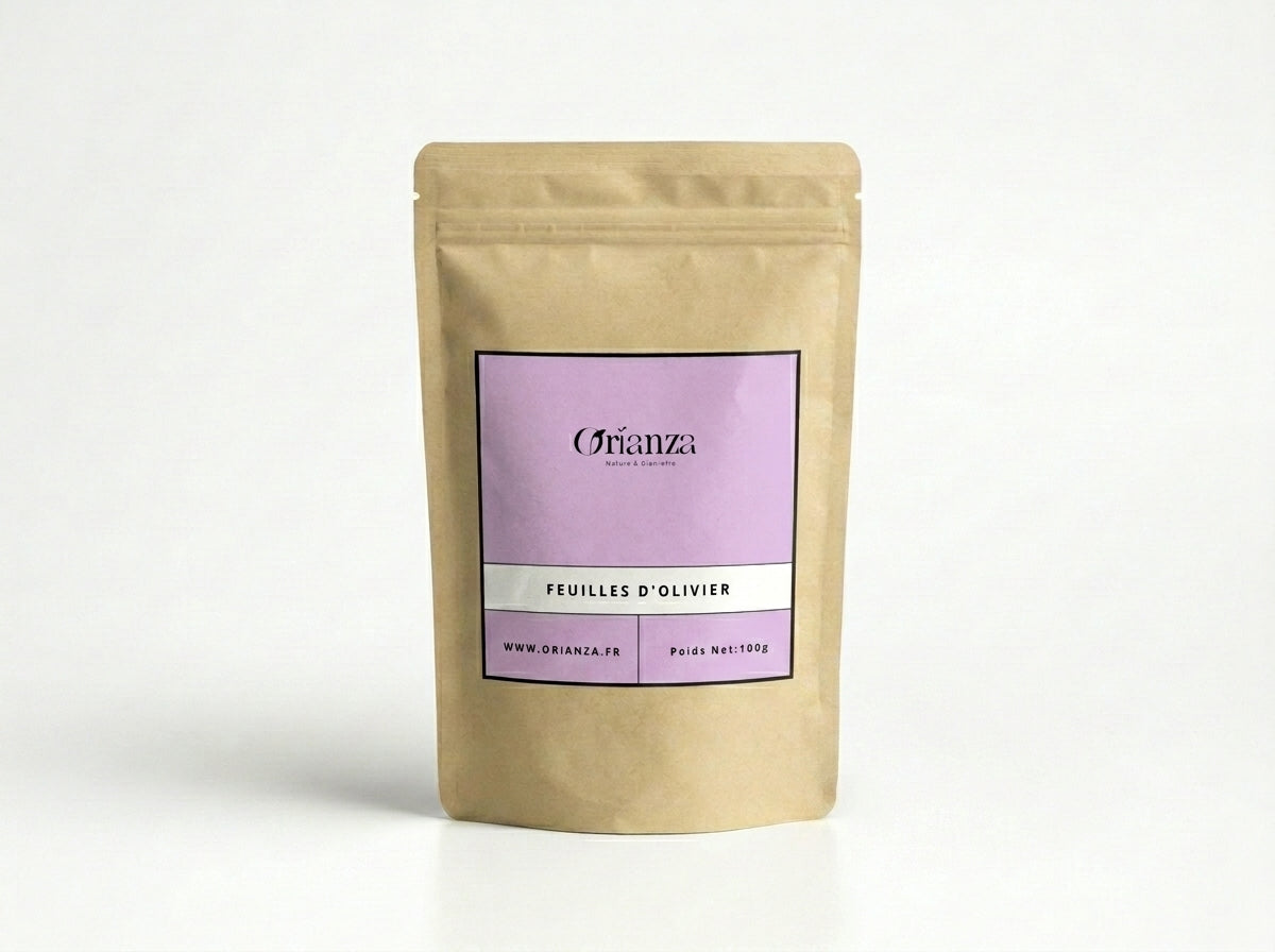 Sachet kraft de Feuilles d'Olivier de la marque Orianza, emballage hermétique préservant la fraîcheur et la qualité de la plante.